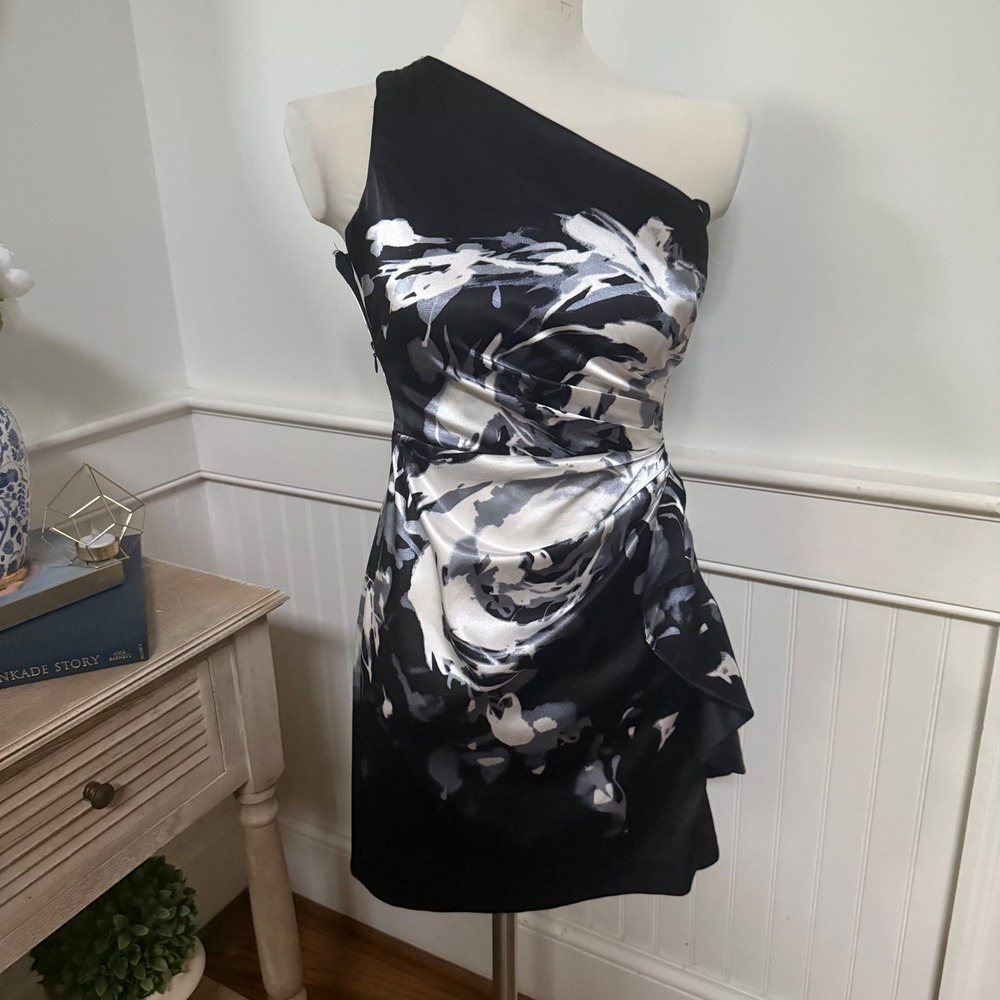 London Times Womens Black Silver Abstract Floral One Shoulder Cocktail Dress‎ 4